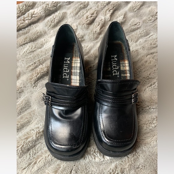 Mudd Shoes - Vintage 90s Y2K Mudd Black Loafers Chunky Block Heel Square Toe Size 8 Shoes